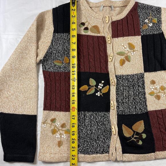 Cabin Creek Ramie Cotton Sweater Cardigan Patchwork Fall Leaves Toggle Buttons - Picture 4 of 10